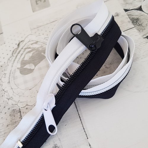 N6o 20-85cm noir - blanc , fermeture special sac à glissiere spirale 6 mm sur mesure , double curseurs dos à dos