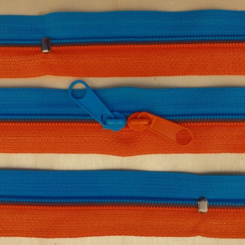 N6o 20-85cm bleu - orange , fermeture special sac à glissiere spirale 6 mm sur mesure , double curseurs dos à dos