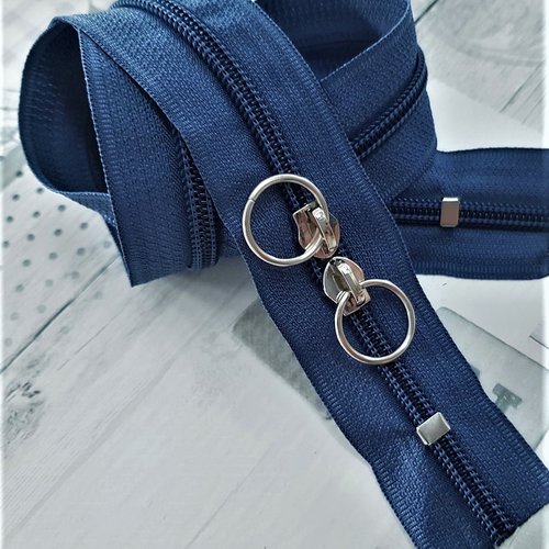 Fermeture bleu jean special sac à double curseurs anneaux argentés , sur mesure , 125 coloris disponibles