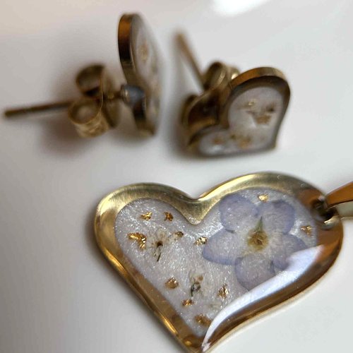 Parure de bijoux en forme de cœur, clous d'oreille et collier - myosotis