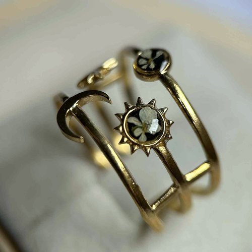 Bague doré céleste - bague ajustable - lune étoile soleil