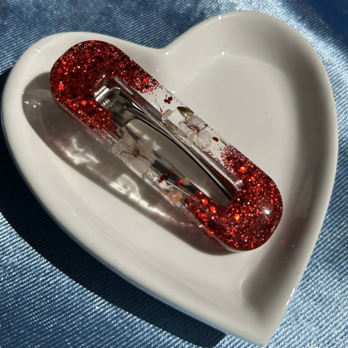 Barrette à cheveux en résine, paillettes et fleurs séchées