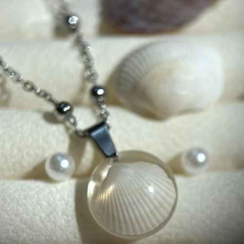 Collier argenté en acier inoxydable - coquillages véritables