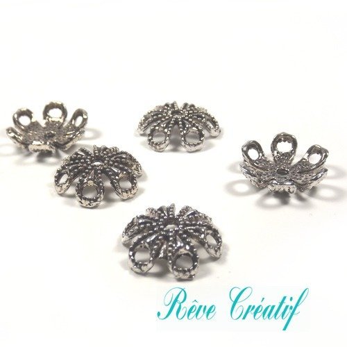 2 calottes fleur 25 mm trou ± 5 mm métal vieil argent.