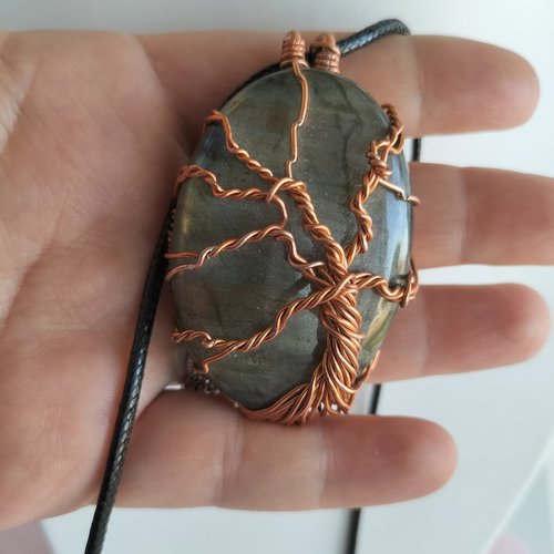 Amulette collier labradorite , arbre de vie