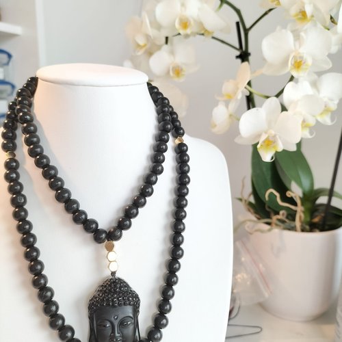 Mala tibétain bois obsidienne