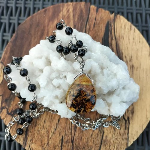 Sautoir ambre, onyx
