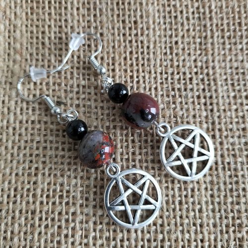Boucles d'oreilles en métal argenté , jaspe onyx
