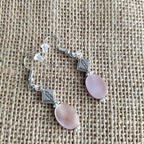 Boucles d'oreilles en laiton argenté , nacre rose
