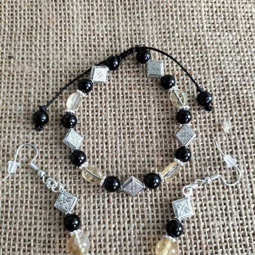 Parure bracelet , boucles d'oreilles , citrine , onyx