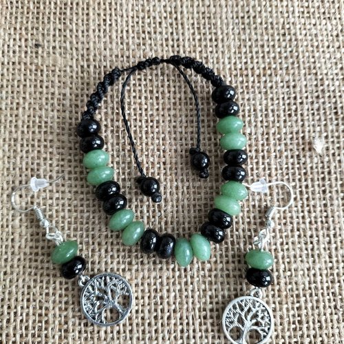 Parure bracelet , boucles d'oreilles , onyx, aventurine