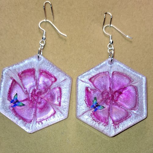 Boucles d'oreilles hexagonale fleur et papillon