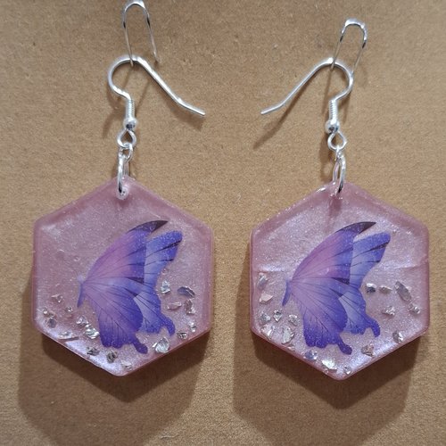 Boucles d'oreilles hexagonale fleur et papillon