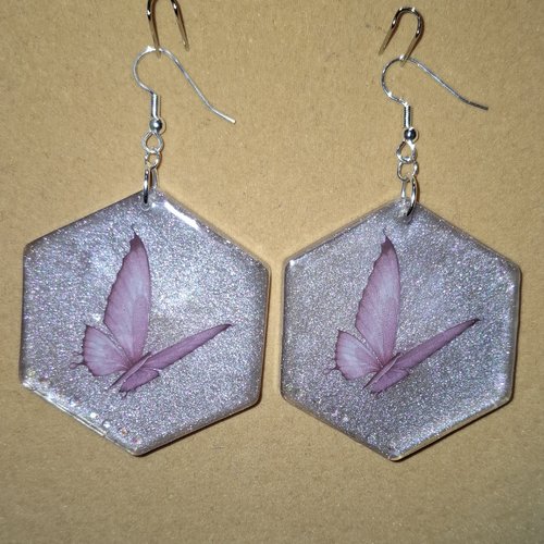 Boucles d'oreilles hexagonale papillon et strass