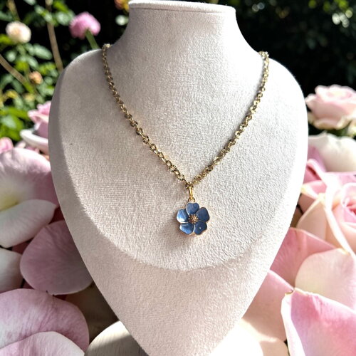 Collier fleur bleu, collier chaîne fine dorée, collier acier inoxydable waterproof, bijou minimaliste femme, pendentif floral