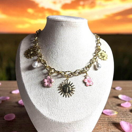 Collier charms fleurs et soleil doré, collier bohème chic acier inoxydable, bijoux esthétique fleur rose et perles, cadeau femme