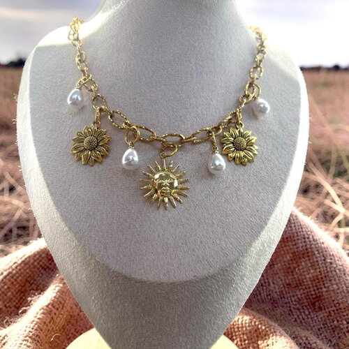 Collier à breloques charms acier inoxydable soleil tournesol perles doré bohème chic cadeau femme