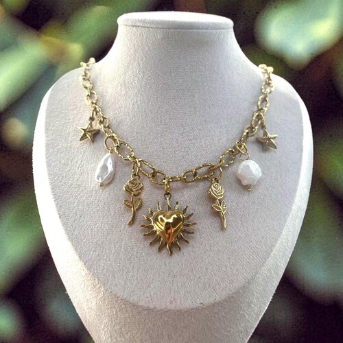 Collier charms cœur sacré doré roses étoiles perles baroques acier inoxydable bohème femme
