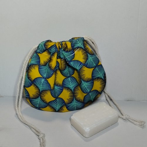 Étui à savon bleu et jaune en coton