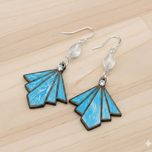 Boucles d'oreilles art déco bois bleu turquoise – bijou éventail géométrique – perle cristal – fait main france