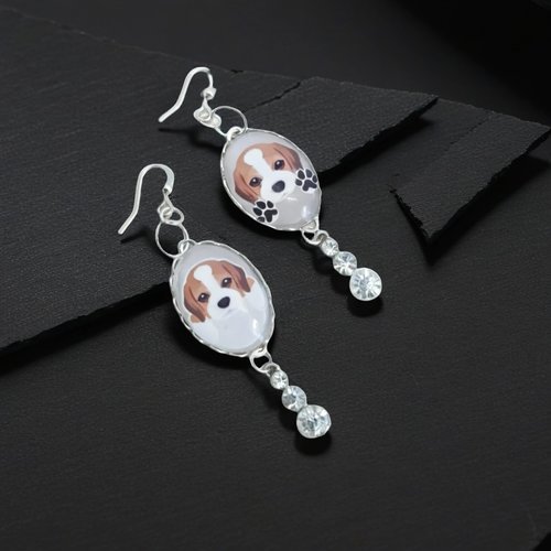 Boucles d'oreilles cavalier king charles – bijou chien cabochon – cadeau amoureux des animaux – fait main strass