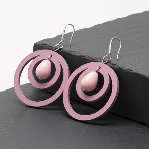 Boucles d'oreilles créoles bois rose – cercles concentriques perle – bijou bohème géométrique – fait main france