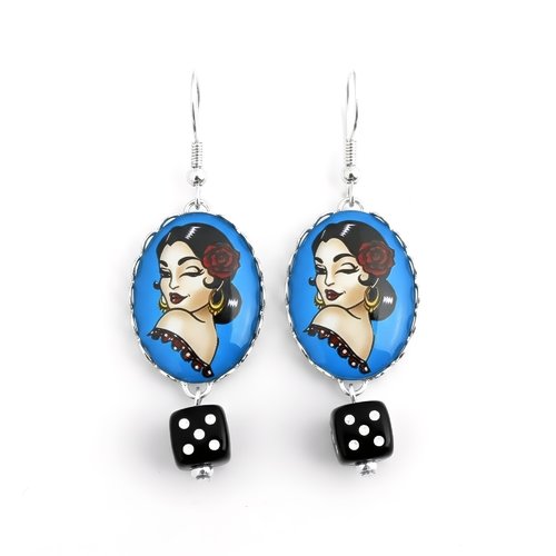 Boucles d'oreilles pin-up rockabilly – cabochon vintage dés noirs – bijou rétro rock'n'roll – fait main france