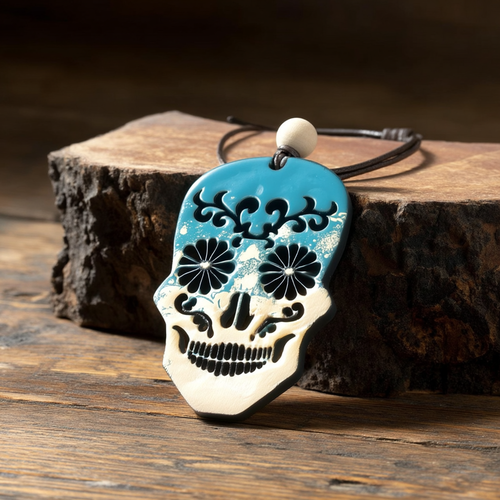 Pendentif tête de mort mexicaine émaillée sur bois – collier skull turquoise – bijou tattoo fait main