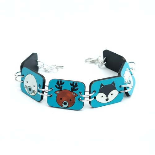 Bracelet bois animaux colorés – bijou fantaisie peint à la main – renard ours phoque loup – cadeau femme original