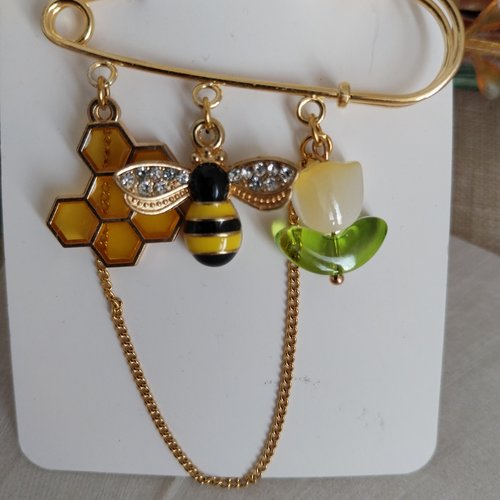 Broche épingle dorée "abeille et alveole de miel"