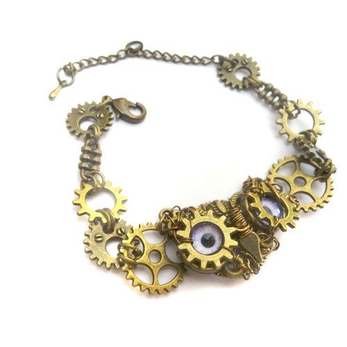 Bracelet steampunk : hibou mécanique tiny yeux violet