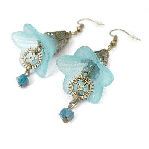 Boucles d'oreilles fleurs steampunk campanules mécaniques bleu ou bleu foncé au choix