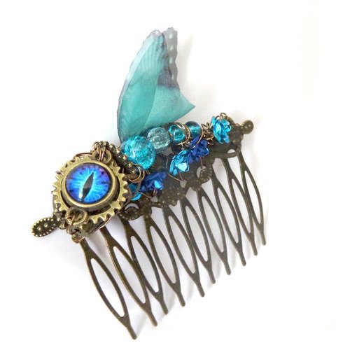 Peigne à cheveux steampunk dragon-fée avec roses bleues