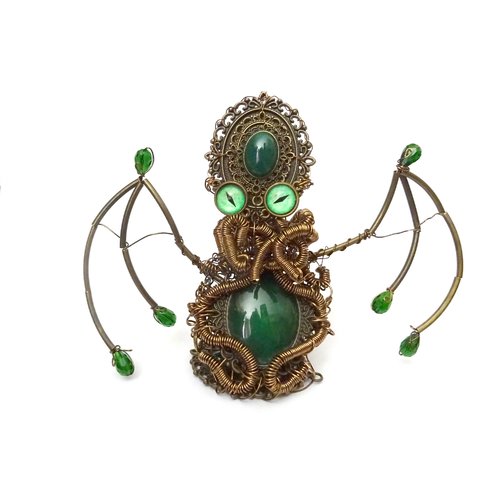 Figurine cthulhu, sculpture fil de cuivre, avec pierre veine de dragon, cthulhu unique, perle en verre, wire wrapping