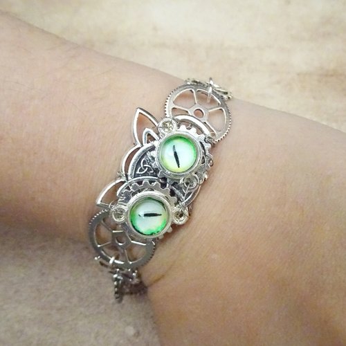 Bracelet chat celtique et steampunk, bracelet argenté, bracelet celtique