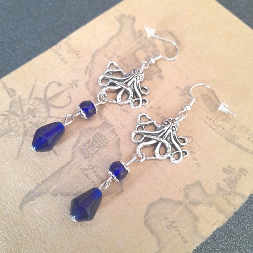 Boucles d'oreilles pieuvres verre bleue