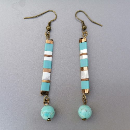 Boucles d'oreilles perles empilées, turquoise, ivoire et bronze