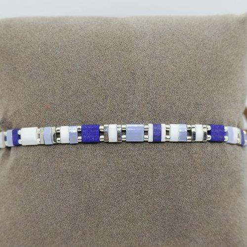 Bracelet ajustable bleu, blanc et argent sterling
