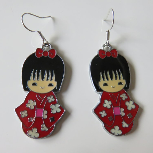 Boucles d’oreilles kokeshi kimono rouge
