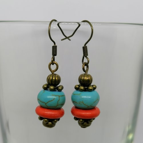 Boucles d’oreilles perles empilées orange, turquoise et bronze