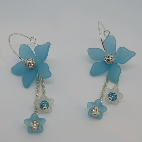 Boucles d'oreilles créoles fleuries bleu et argent