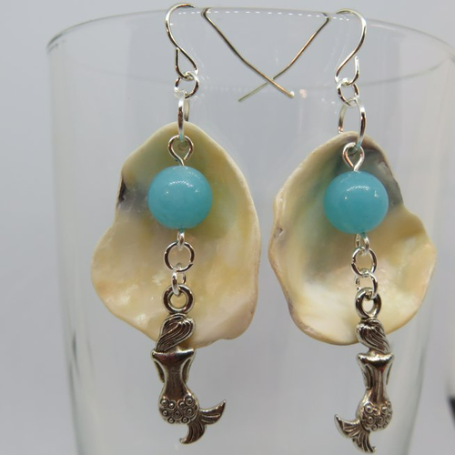 Boucles d’oreilles perle en verre, coquillage naturel et sirène