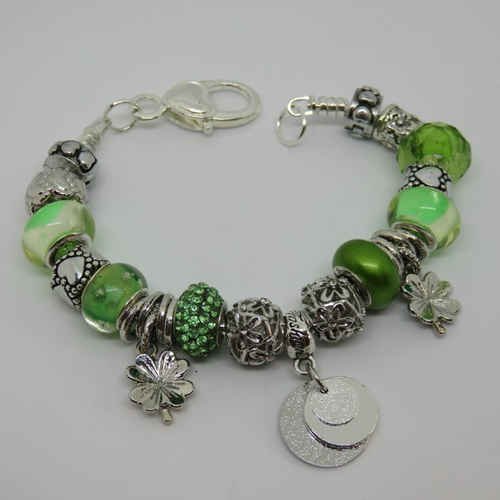 Bracelet perles européennes vert et argenté