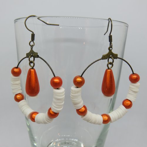 Boucles d'oreilles créoles orange, ivoire et bronze