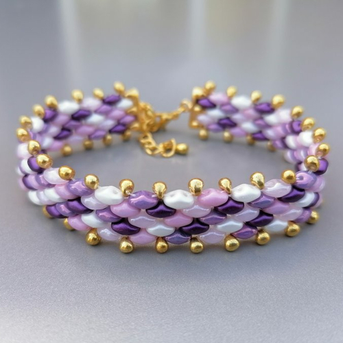 Bracelet manchette ajustable rose, violet et doré