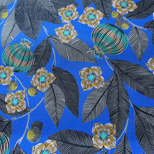 Tissu - fruits du paradis - vert fond bleu - ameublement - maison thévenon - oeko tex standard 100