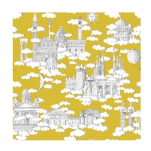 Tissu - toile de jouy - sur un nuage - fond moutarde - maison thévenon france
