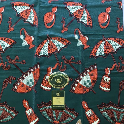 Tissu wax - parapluie - fond vert - double face - damasks printed by hilife