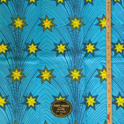 Tissu wax double face - yellow stars / fond bleu ciel - fairy prints garanteed block wax prints