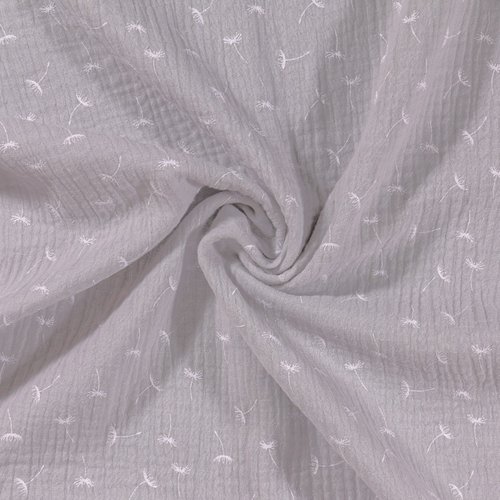 Tissu - coton double gaze gris clair - fleur de pissenlit - oeko tex standard 100